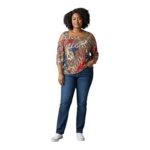 Chico’s Red Blue Printed Blouse 3 (XL/16) Cold-Shoulder Pullover Square Neck